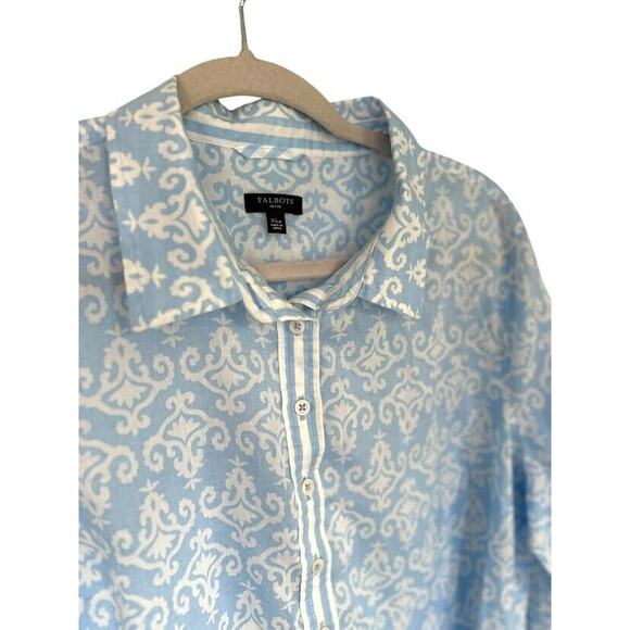 Talbots Tunic Top Shirt Womens XL Petite Blue White Medallion Print Button Flowy - Picture 6 of 9